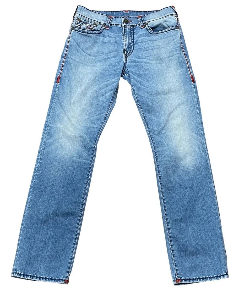 True Religion Ricky Blue Super T Relaxed Straight Flap Jeans Mens 33 Red Stitch
